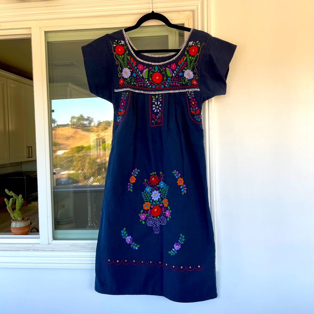 Embroidered Navy Midi Dress with Floral Motif